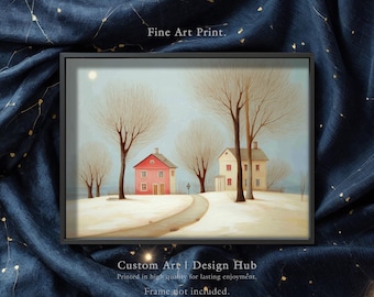 May include: A framed fine art print depicting a winter landscape with a pink house, bare trees, and a winding path. The artwork has a soft, muted color palette and includes the text "Fine Art Print" and "Custom Art | Design Hub."