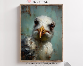 Impresión de arte mural de gaviota / Retrato de ave costera al óleo / Póster de decoración náutica para el hogar