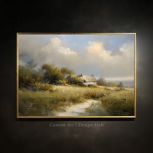 Countryside Cottage Oil Painting, Rustic Landscape Wall Art, Serene Nature Scene for Farmhouse and Country Home Decor