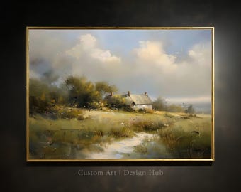 Könnte beinhalten: Gerahmtes Landschaftsgemälde, das eine ländliche Szene mit einem kleinen weißen Haus zwischen Bäumen zeigt. Das Kunstwerk hat einen goldenen Rahmen und einen heiteren Himmel mit flauschigen Wolken. Der Stil des Gemäldes erinnert an klassische Landschaftskunst.