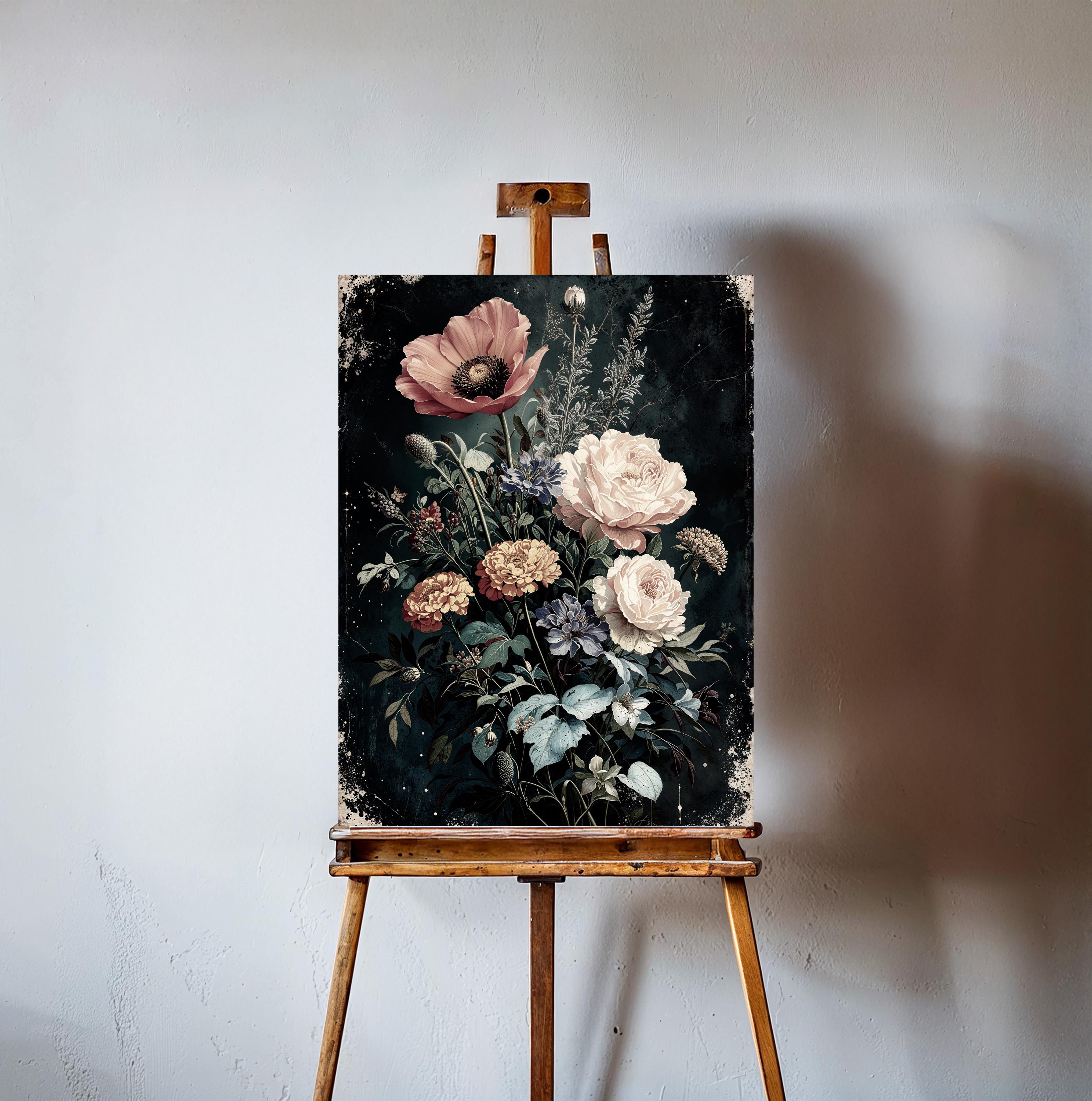 Dark Floral Bouquet Wall Art Print, Vintage Botanical Flower