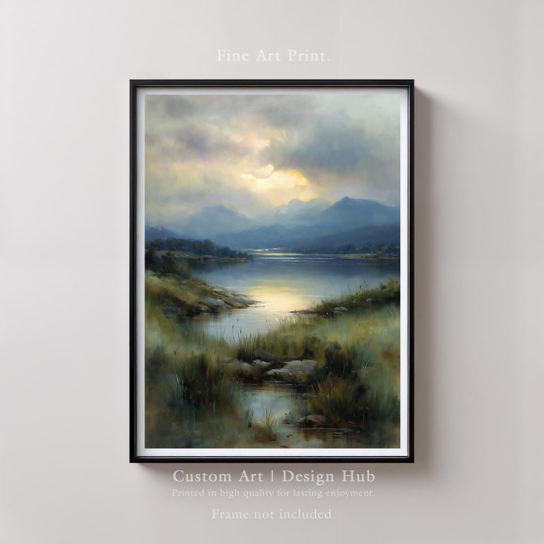 Mountain Lake Sunset Art Print | Tranquil Nature Landscape Wall Decor ...
