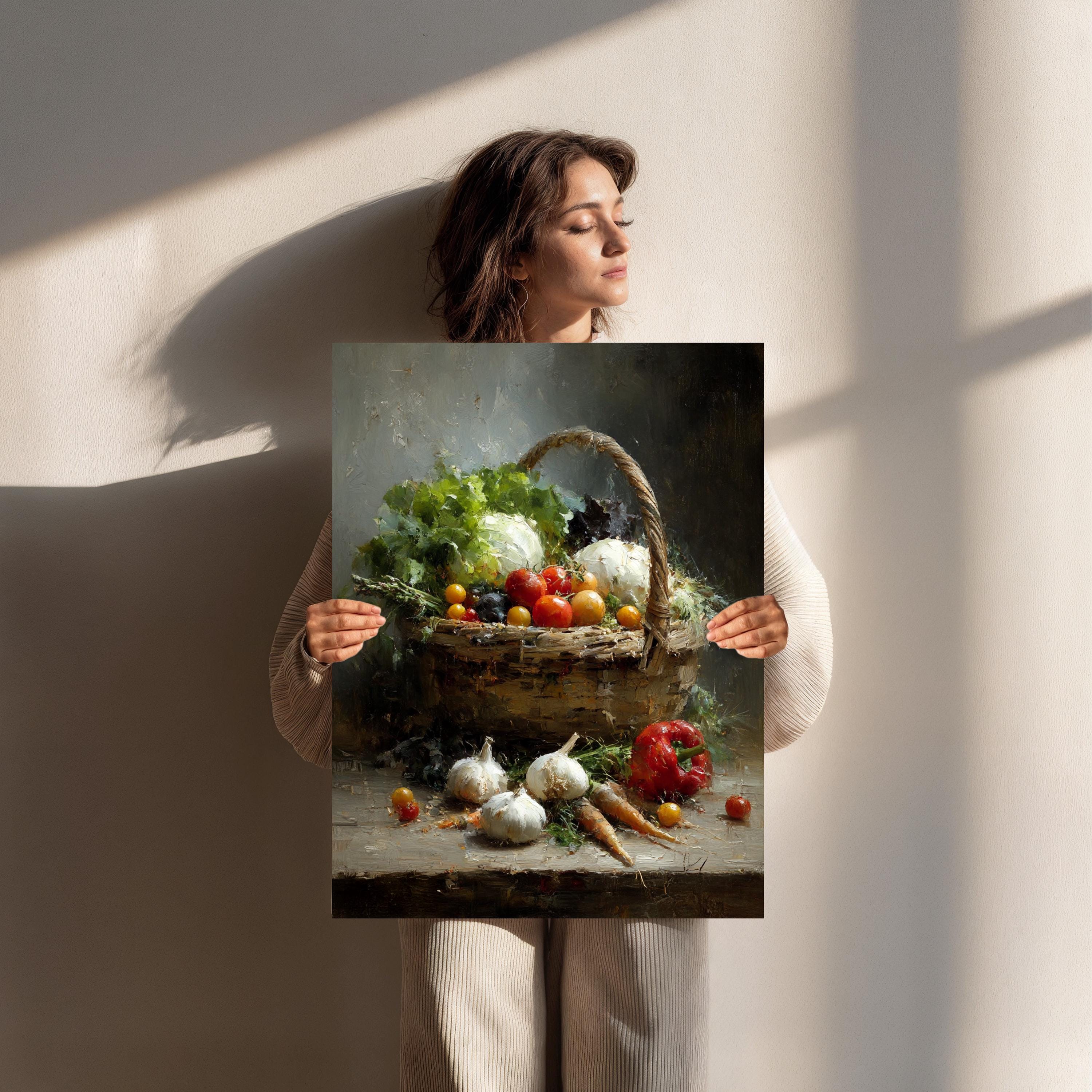 素朴な野菜バスケットの静物画：ヴィンテージファームハウスキッチン