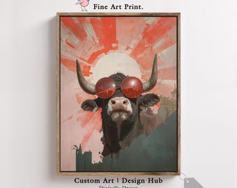 Surreal Bull Art Print, Retro Sunglasses Poster, Modern Pop Art Wall Decor