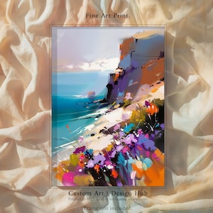 Vibrant Coastal Cliffs with Wildflowers – Modern Impressionist Seascape Wall Art, Fine Art Print