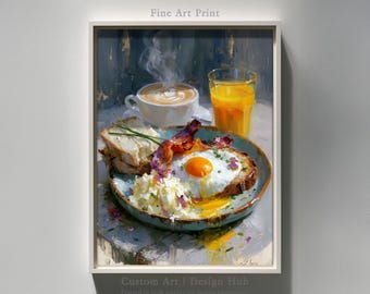 Breakfast Wall Art Print, Coffee and Eggs Painting, Kitchen Decor Artwork, Rustic Brunch Wall Decor, Food Impressionist Art