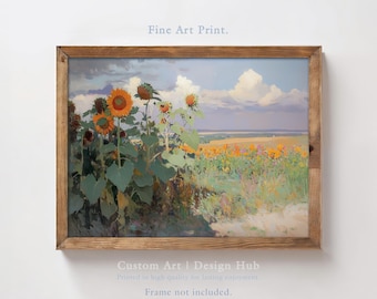 Sunflower Field Landscape Oil Painting Print, Rustic Summer Wall Art, Vintage Decor