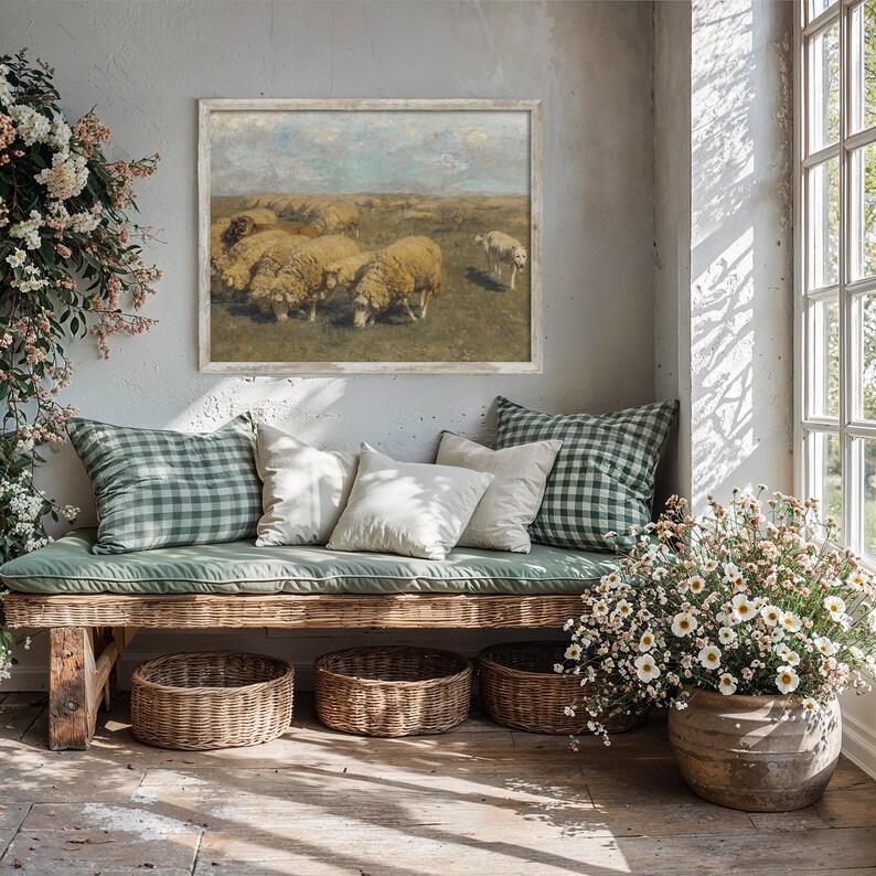 Sheep Herd Oil Painting – Vintage Pastoral Art Print, Countryside Farm ...