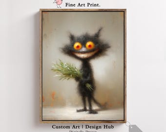 Impression d'art effrayant mignon chat noir : décoration murale fantaisiste surréaliste
