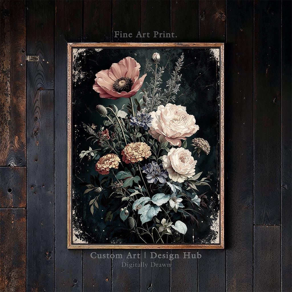 Dark Floral Bouquet Wall Art Print, Vintage Botanical Flower