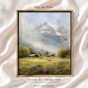 Alpine Village with Snowy Mountains – Rustic Countryside Landscape Wall Art, Fine Art Print