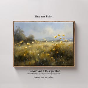 Impressão de paisagem de campo de flores silvestres amarelas – Arte de parede em estilo de pintura a óleo de prado ensolarado, decoração floral cottagecore para quarto ou sala de estar