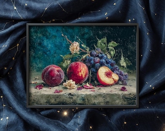 桃とブドウの静物画：素朴なキッチンの壁アート - Etsy 日本