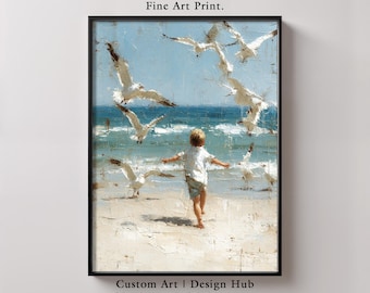 May include: A framed fine art print depicts a child running on a beach toward seagulls. The artwork features a blue sky, ocean waves, and a sandy shore. The print includes the text "Fine Art Print" and "Custom Art | Design Hub."