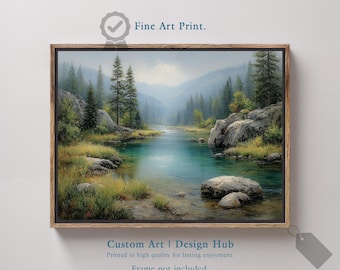 Mountain River Landscape Art Print: Rustic Forest Scenery