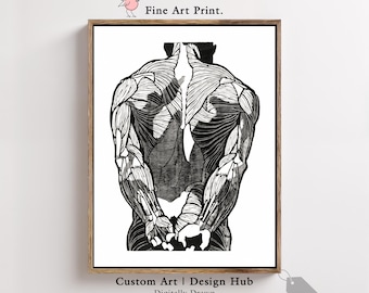 Black and White Anatomy Print, Male Muscular System Wall Art, Medical Illustration Poster