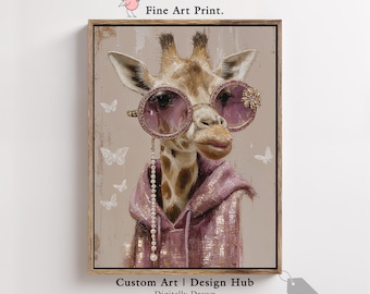 Grappige kunstprint giraf, dier met zonnebril, eigenzinnige modeposter, modern boho-decor