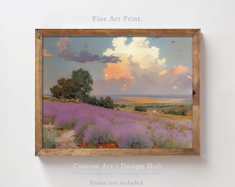 Lavender Field Sunset Oil Painting Print, Provence Landscape Wall Art, Rustic French Decor