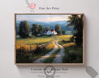 Könnte beinhalten: Ein gerahmter Kunstdruck einer ländlichen Landschaft. Das Kunstwerk zeigt ein weißes Haus mit rotem Dach, einen Feldweg und einen Holzzaun. Der Text "Fine Art Print" steht über dem Kunstwerk. Der Text "Custom Art | Design Hub" steht darunter.