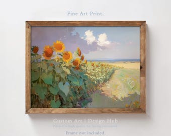Sunflower Field Landscape Oil Painting Print, Rustic Summer Wall Art, Vintage Decor