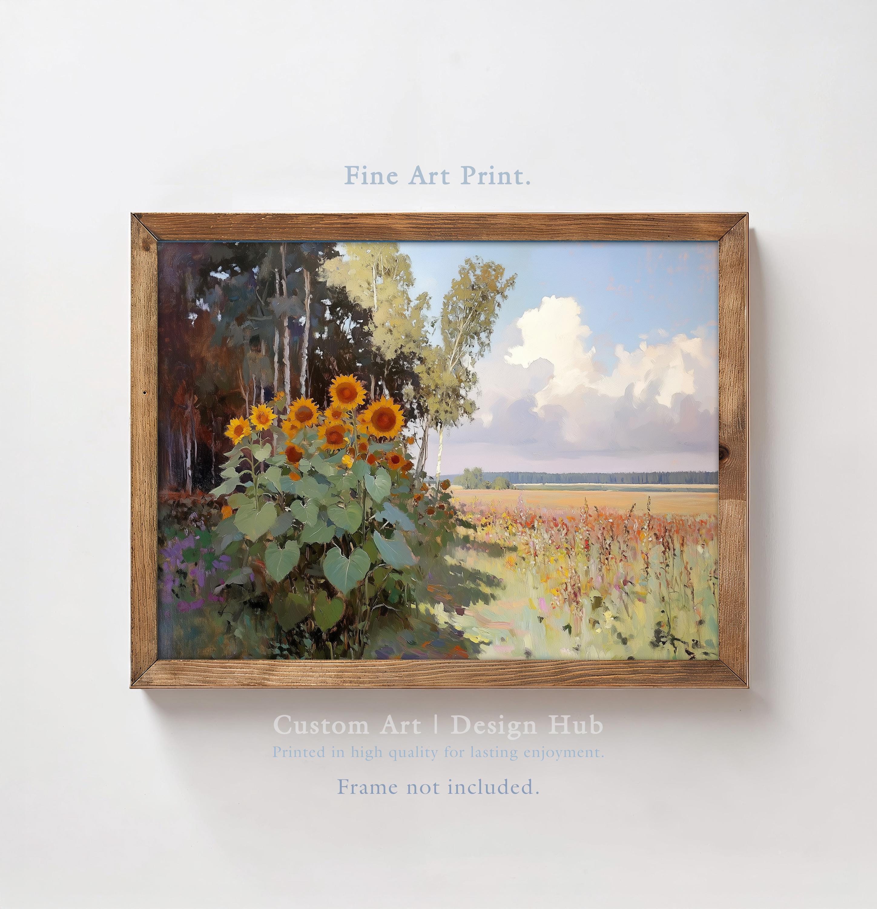ひまわりの風景油絵プリント、素朴な田舎の壁アート、ヴィンテージの夏