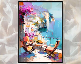 May include: An abstract art print showing a coastal scene with a balcony, chairs, and a table. The artwork uses vibrant colours, including blues, oranges, and purples. The text "Fine Art Print" and "Custom Art | Design Hub" are visible. Frame not included.