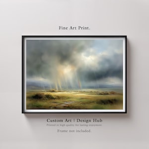 Rainbow Rainstorm Landscape Print, Dramatic Sky Wall Art, Countryside Field Painting, Rustic Stormy Weather Decor