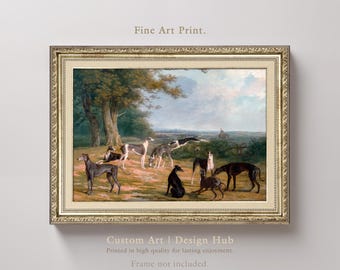 May include: A framed fine art print depicting a rural scene with multiple greyhound dogs. The artwork is set in a gold-coloured ornate frame. The print includes the text "Fine Art Print" and "Custom Art | Design Hub".