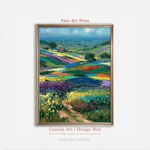 May include: A framed fine art print of a colorful landscape. The artwork depicts rolling hills and fields painted in vibrant hues of purple, yellow, red, and green. The text "Fine Art Print" is at the top, and "Custom Art | Design Hub" is at the bottom.