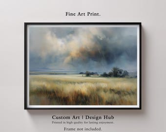 Storm over Wheat Field Art Print: humeurig landschap, rustieke boerderij