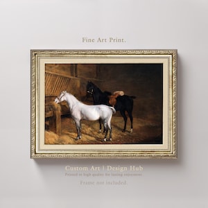 Classic Horse Stable Wall Art Print – Elegant White and Black Horses in Rustic Barn Interior, Vintage Equestrian Fine Art Decor