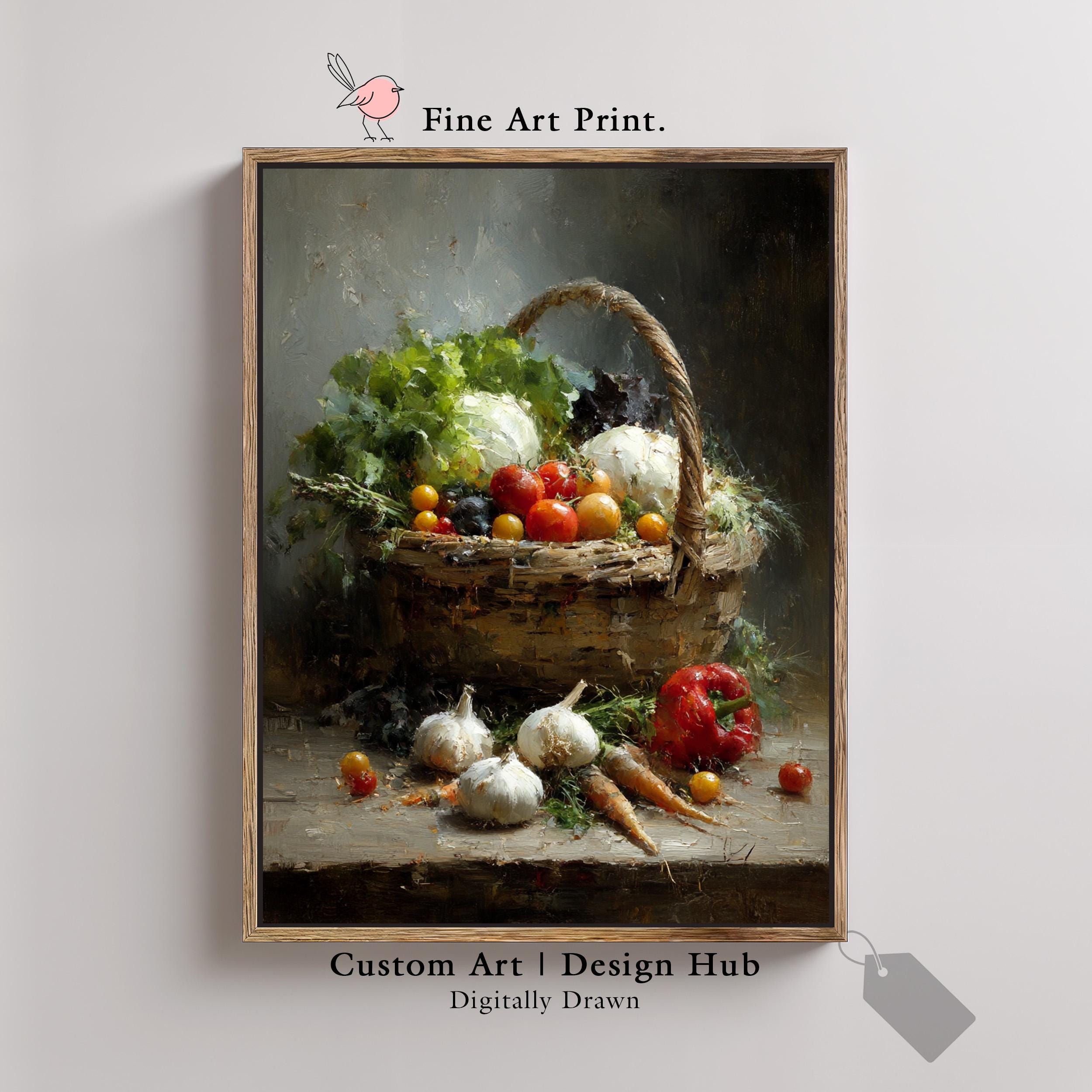 素朴な野菜バスケットの静物画：ヴィンテージファームハウスキッチン