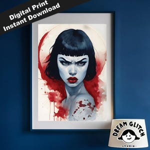 Film Noir Portrait Femme Fatale Digital Art Print, Purpurrot und Blau im Aquarell Noir-Stil, starke Illustration druckbare Wanddekoration