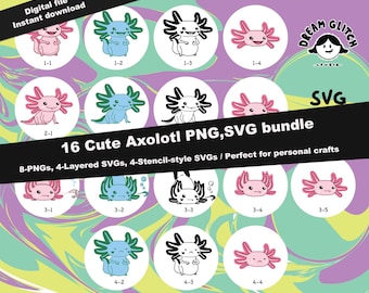 Cute Axolotl SVG PNG Bundle – Cool Hand-drawn Clipart for Vinyl Stickers, T-Shirt Design, Printable Crafts, Layered & Stencil Files