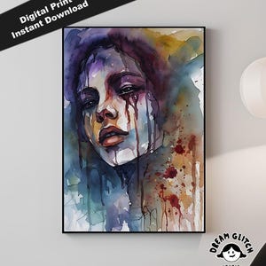 Puede incluir: Impresión en acuarela enmarcada del rostro de una mujer con expresión sombría. La obra utiliza morados, azules y rojos, con goteos de pintura para el drama. El texto "Digital Print Instant Download" es visible. El logotipo de Dream Glitch Studio también es visible.