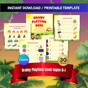Pode incluir: Um conjunto de páginas de atividades educativas imprimíveis para crianças. As páginas incluem exercícios de traçado, correspondência de formas e coloração. O título "Brainy Playtime Book" é exibido em uma faixa vermelha, com o texto "Instant Download / Printable Template" no topo.
