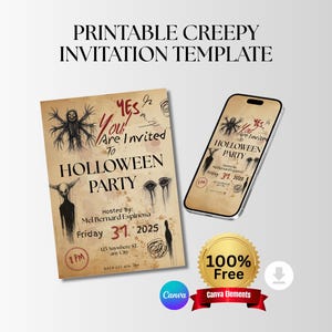 May include: A printable Halloween invitation template with a creepy design. The design includes a drawing of a spider-like creature, the text "Yes You Are Invited To Halloween Party", and the date Friday 31, 2025. A smartphone displays the same invitation.