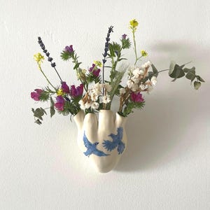 Ceramic heart vase with painted with birds, to hang on the wall for fresh or dry flowers
