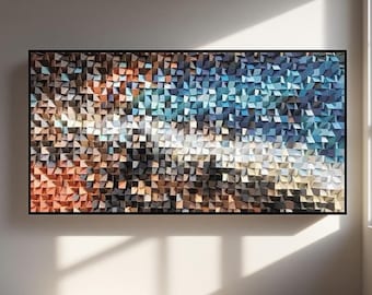 3D Wood Mosaic Wall Art, Abstract Geometric Decor, Red Blue Gradient Wooden Sculpture