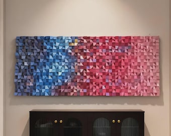 Handmade Abstract Wood Wall Decor, 3D Geometric Sculpture, Blue Pink Gradient Mosaic Art