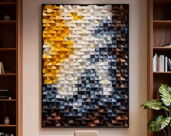 Handmade 3D Wood Mosaic Wall Art, Gradient Geometric Cube Sculpture, Modern Pixel Art Wall Decor for Living Room