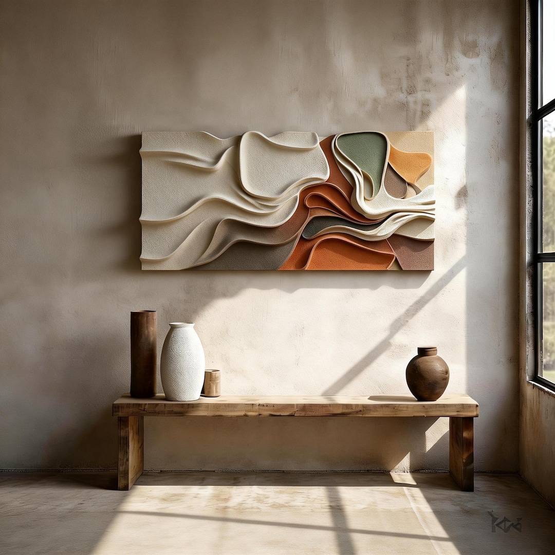 Neutral Earth Tone 3D Wave Wall Art, Textured Terracotta Sage Relief