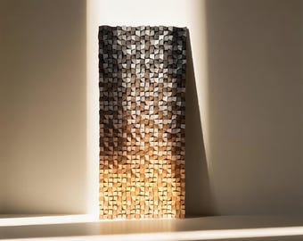 Handmade 3D Wood Mosaic Wall Art, Black Gold Gradient Sculpture, Modern Textured Decor