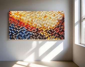 Stor texturerad trämosaikkonst, handgjord livfull abstrakt väggskulptur, modern vardagsrumsinredning
