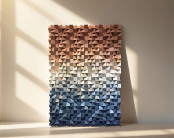 Handmade Carved Wood Wall Decor, Modern Rustic Texture, Brown & Blue Gradient Mosaic Art