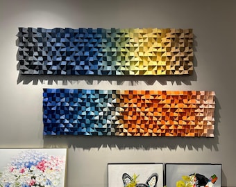 3D Gradient Wood Wall Art, Blue Yellow Ombre Mosaic Decor, Textured Sculpture