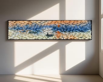 Grote getextureerde houtmozaïek kunst aan de muur, handgemaakt abstract canvas zonsopgang, modern portiekdecor