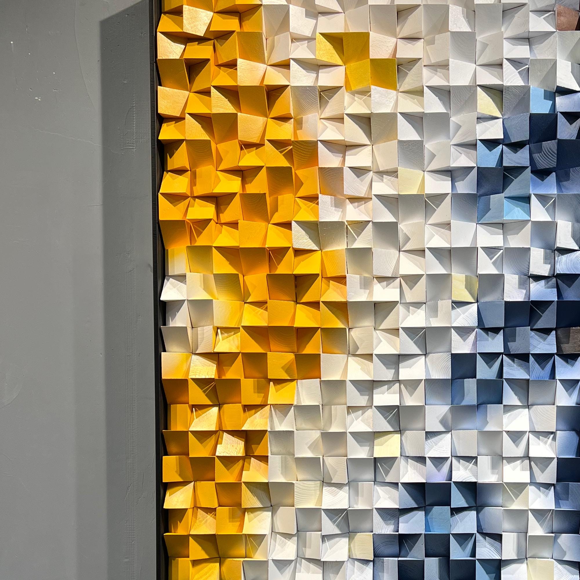 Handmade 3D Wood Mosaic Wall Art, Gradient Geometric Cube Sculpture ...
