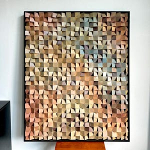 Mosaico de madera 3D hecho a mano, panel difusor acústico, decoración geométrica de madera, arte rústico moderno, escultura de madera texturizada.