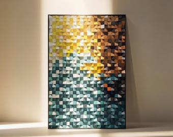Green Gold Wood Mosaic Wall Art, Textured Sculpture, Modern Entryway Decor